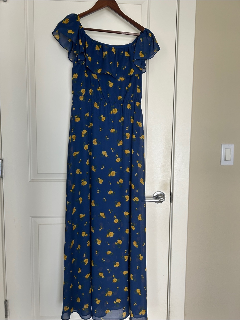 Betsey Johnson Navy Blue Maxi Dress with Yellow Floral Print